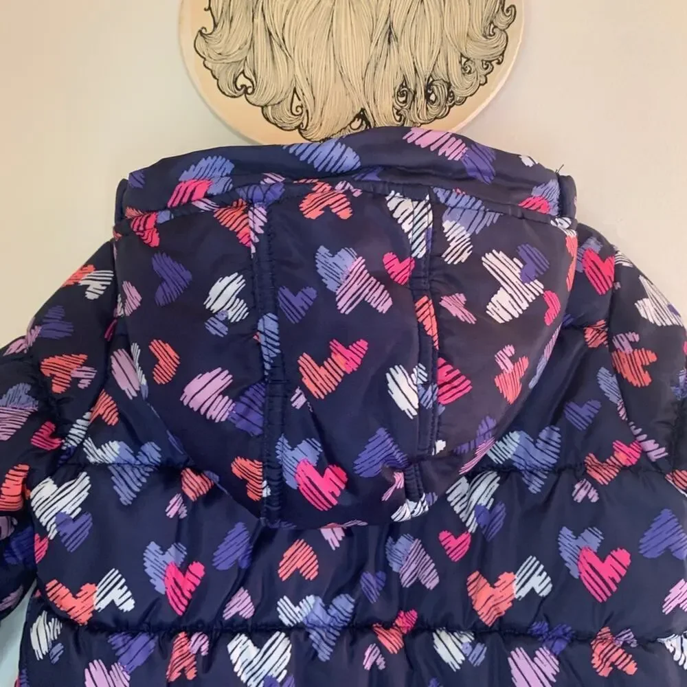 OSHKOSH B’GOSH Girl’s Navy Puffer Coat with Hearts & Fleece Lining / Size: 3T